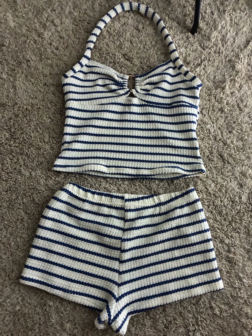 Striped Knit Tank and Shorts Lounge Set - White & Navy